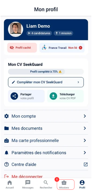 Écran de suivi des missions de l'application SeekGuard montrant les différentes catégories de missions
